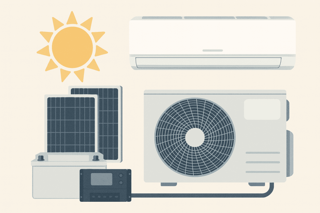 Puremind solar air conditioner set including solar panels, indoor AC unit, outdoor compressor, battery, and controller for efficient cooling and lower energy costs.