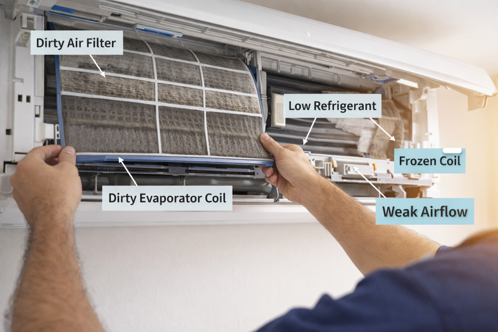 Split air conditioner with dirty filter and weak airflow not cooling fast